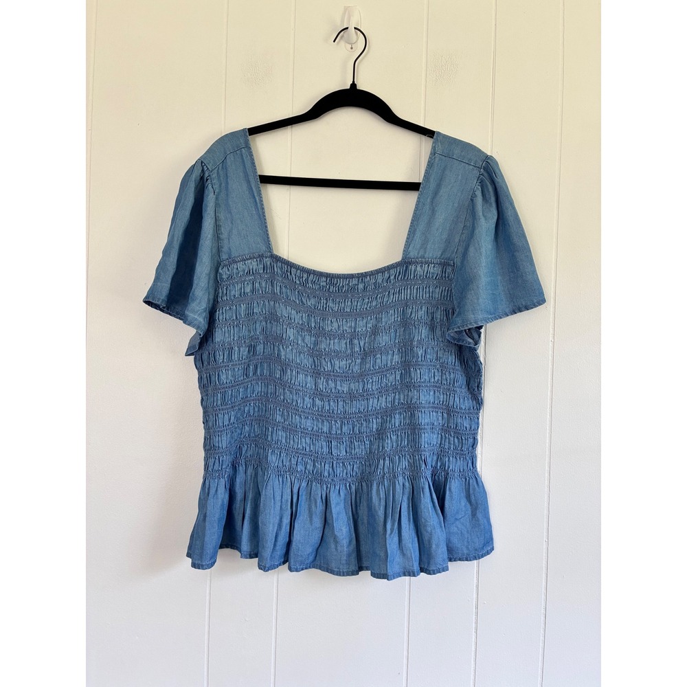 On 34th Women XXL Blue Smocked Peplum Top Lyocell Chambray Square Neck